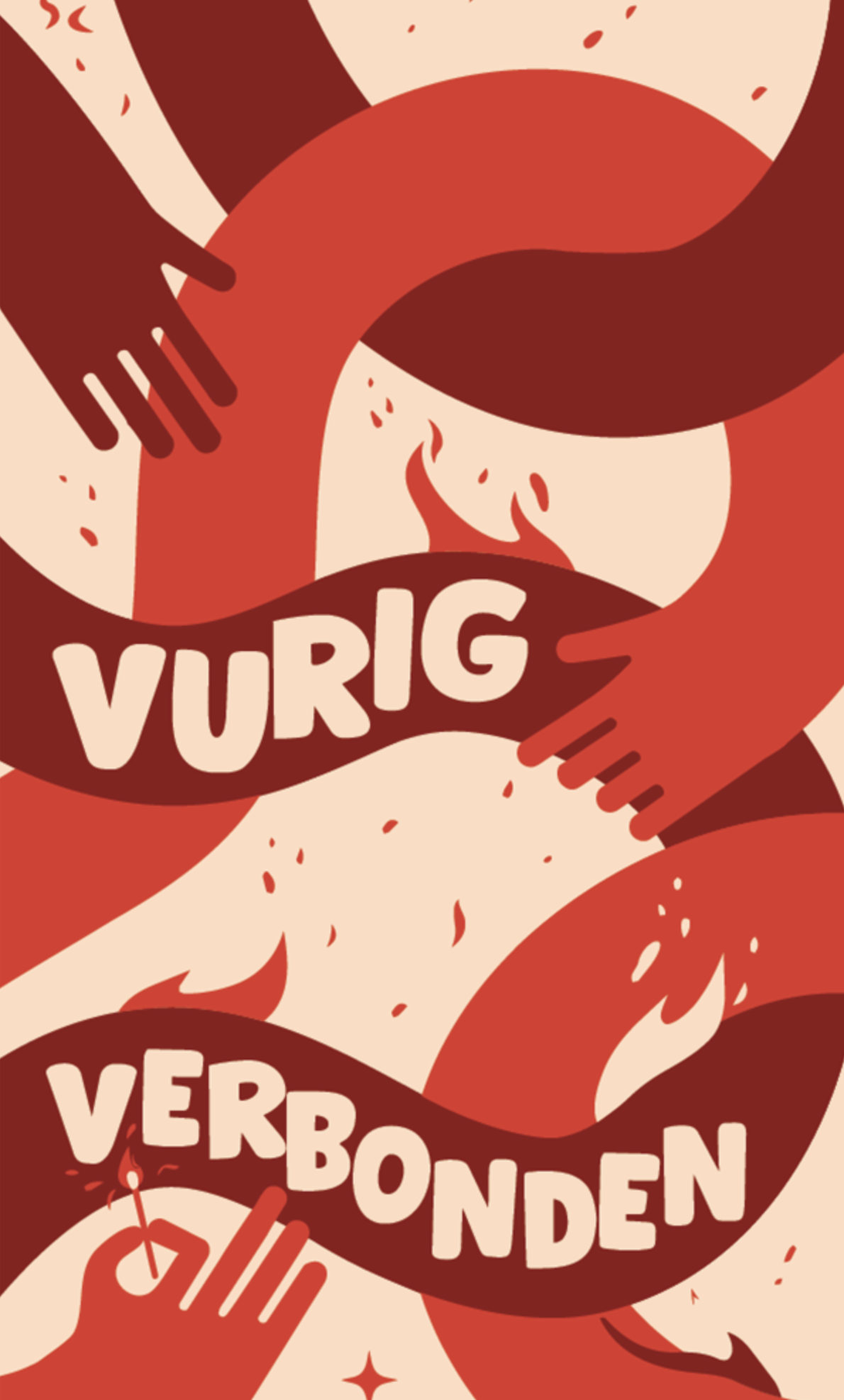 Jaarthemaposter 2026-2027: Vurig Verbonden, met handen, vlammen en linten in warme roodtinten