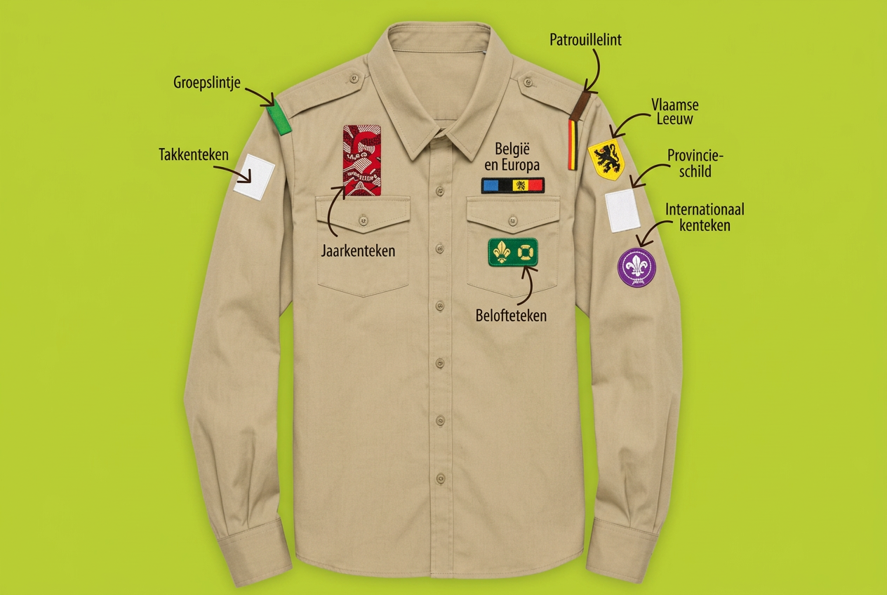 Scoutshemd met de plaats van groepslintje, takkenteken, jaarkenteken, beloftekenteken, België en Europa, patrouillelint, Vlaamse Leeuw, provincieschild en internationaal kenteken